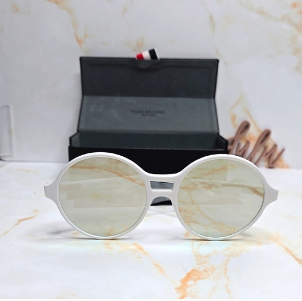 Thom Browne White Round Frame Sunglasses with Light Tinted Lenses New